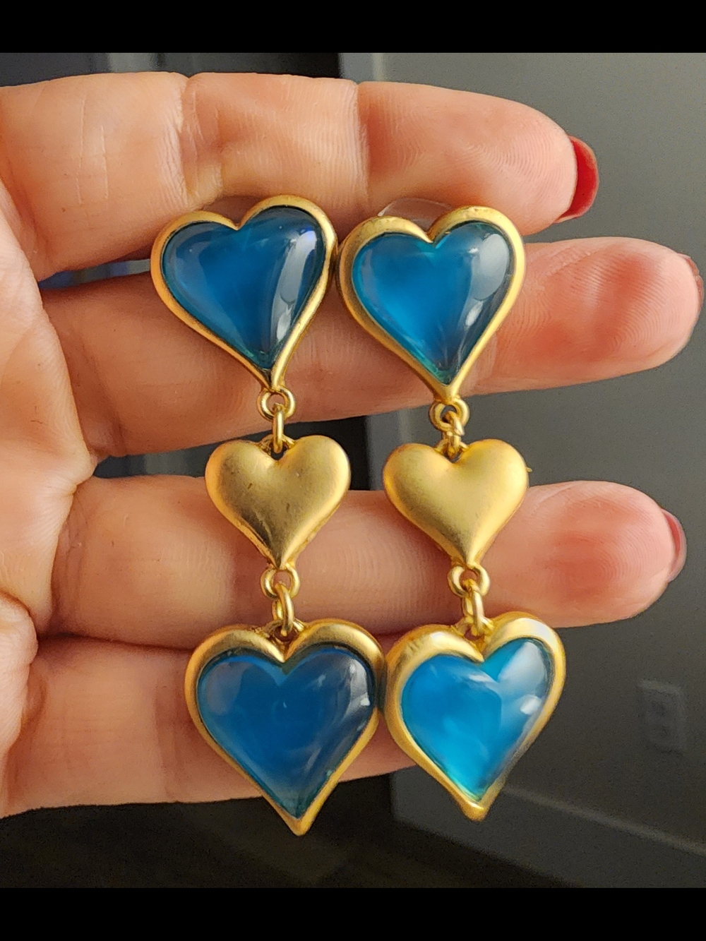 Gold-Tone Blue Heart Drop Earrings - Women Jewelry